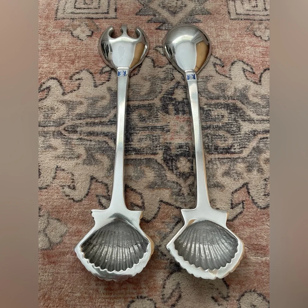 Silver Alloy Metal Coastal Grandma Chic Seashell Salad Serving Utensils